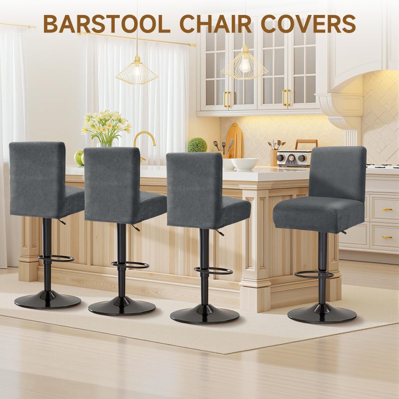 XIAROGEE Crystal Velvet Bar Stool Covers with Backs, Soft Stretch Bar Chair Covers Set of 4 with Elastic Band Washable Counter Height Chair Slipcover for Pub Cafe Kitchen Room (Dark Grey, 4 PCS) - Image 2
