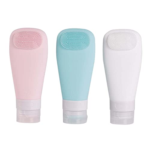 MAYCREATE® Silicone Travel Bottles Set 3-Pack (90ml) with Built-In Face Brush, Leakproof Refillable Toiletry Containers for Shampoo, Lotion, Skincare & Perfume, Airline Carry-On Approved - Image 1