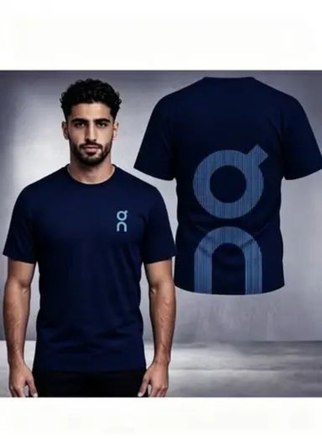 ON Unisex Navy Blue On Vertical Striped Light Blue Logo Crew Neck T-Shirt Small Chest Print Large Back Graphic Sports Casual Tee-XL - Image 1
