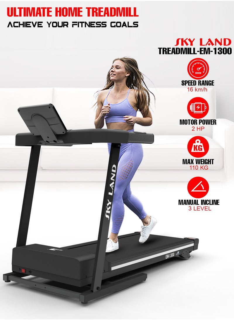 Sky Land - Foldable Treadmill for Home Use with 2 HP Motor, Bluetooth & Fitness App Support, Manual Incline, 1-16 km/h Speed, Max User Weight 110kg, Compact Running Machine for Home Gym – EM-1300 - Image 1