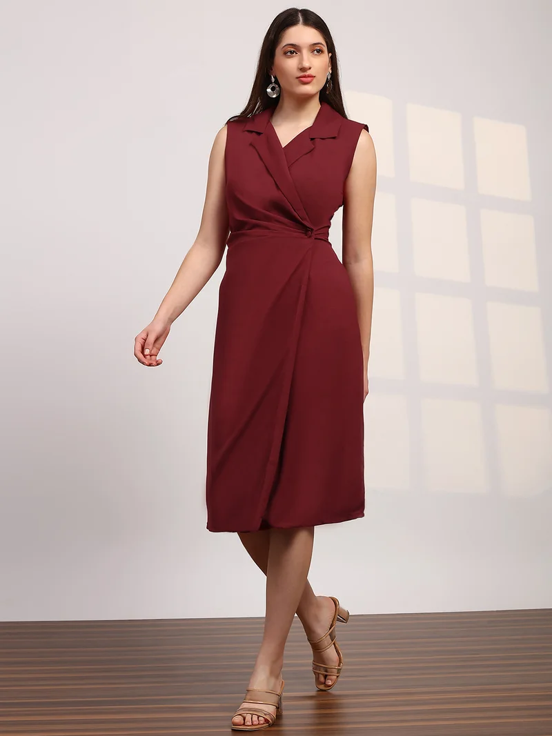 Globus Women Maroon Notch Lapel Pleated Detail Midi Workwear Blazer Dress