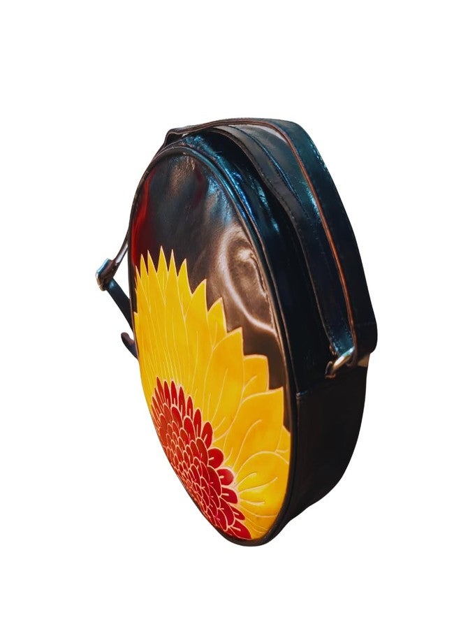 Chitrahar Genuine Leather Handcrafted Round Cross Body Sling Bag for Women (black) - Image 3