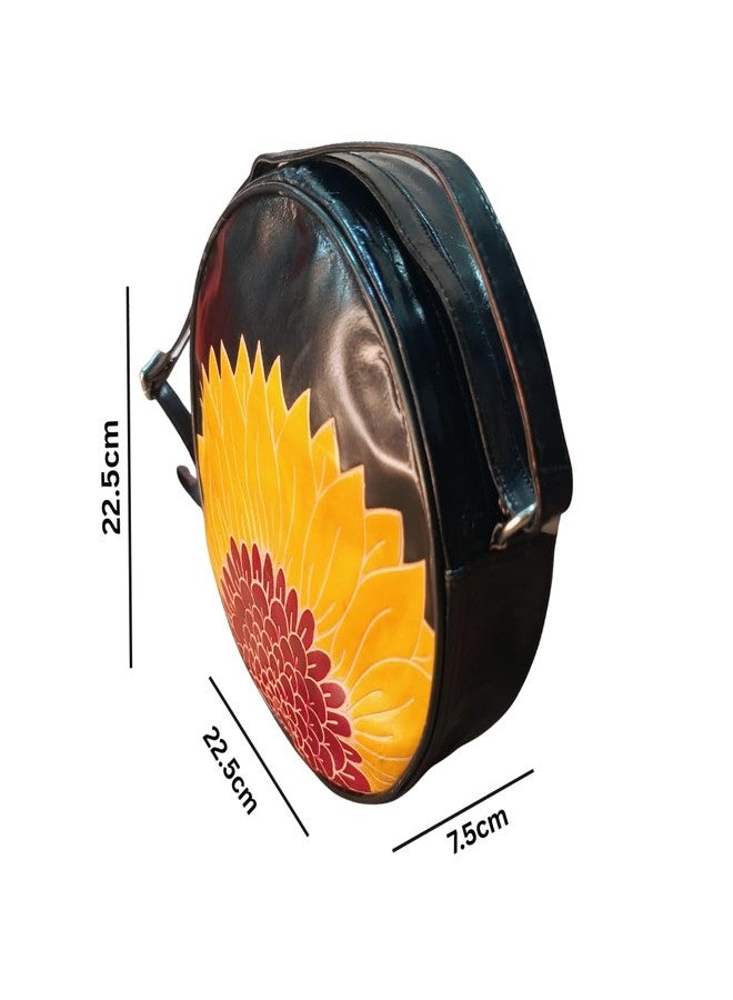 Chitrahar Genuine Leather Handcrafted Round Cross Body Sling Bag for Women (black) - Image 5