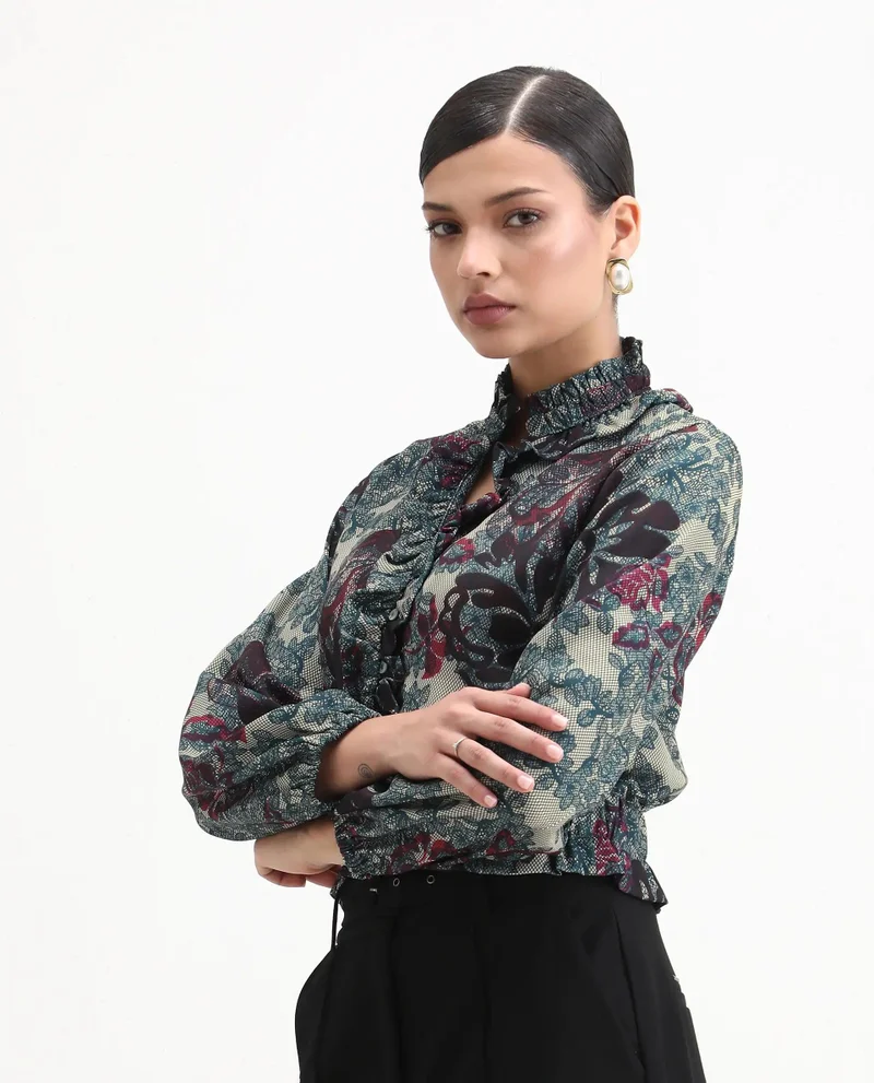 Rareism Women's Ruffle Detail Crop Top