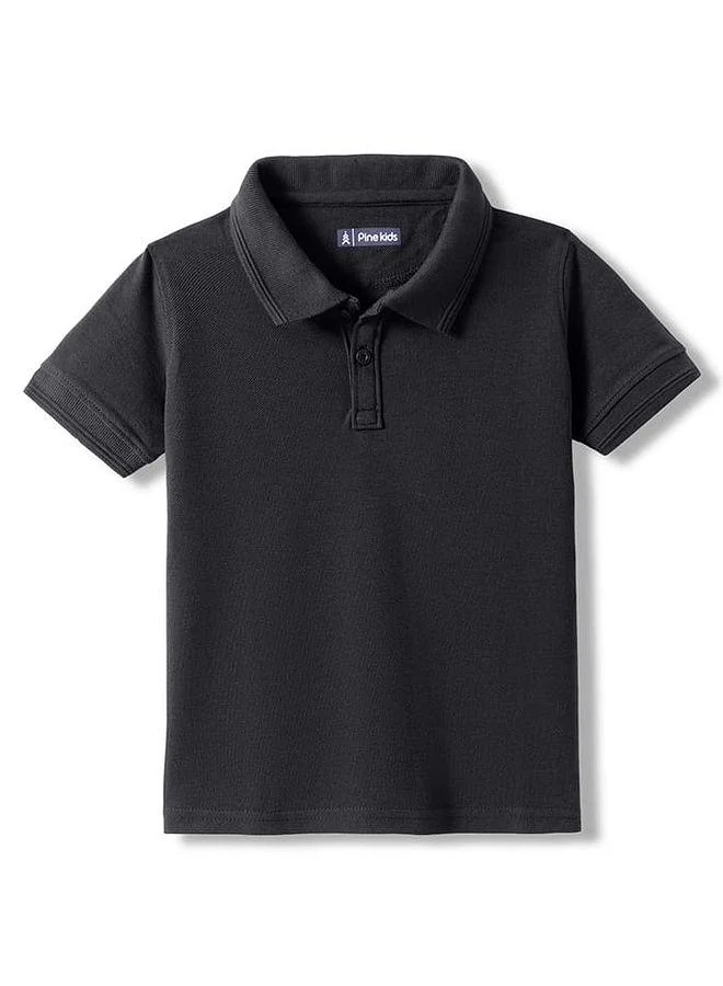 Pine Kids Pine Kids Cotton Knit Solid Polo Neck T-Shirt - Black