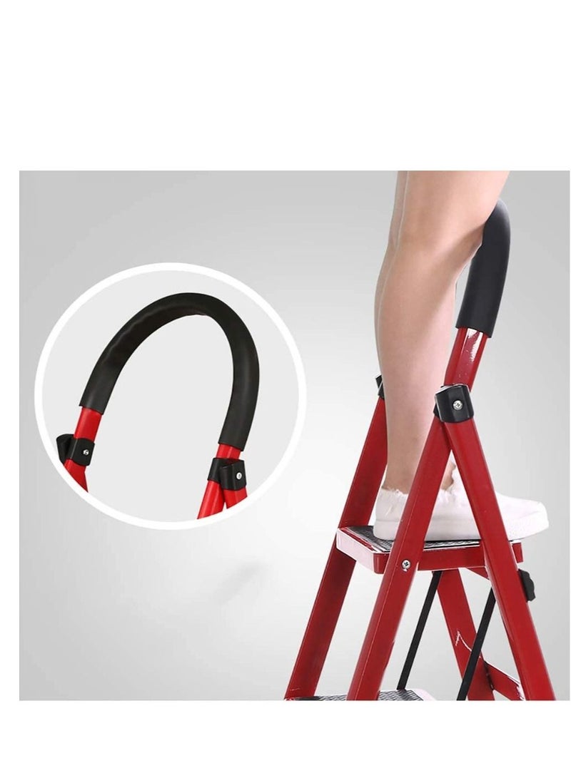 Folding 3 Step Ladder Portable Space Saving Lightweight Ladders with Sturdy Steel and Anti-Slip Wide Pedal, Multi-Use for Household, Market, Office ( RED ) - Image 5