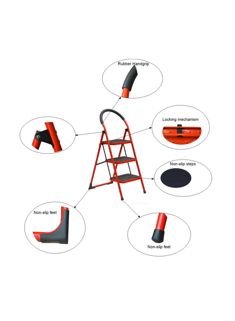 Folding 3 Step Ladder Portable Space Saving Lightweight Ladders with Sturdy Steel and Anti-Slip Wide Pedal, Multi-Use for Household, Market, Office ( RED ) - Image 3