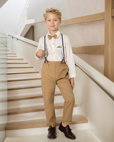 DISAUR Boys Formal Outfit Suits For Boys Beige Boy Dress Shirt With Bowtie/Suspender Pants for Wedding 6-7 Years - Image 3