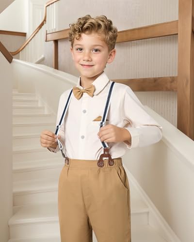 DISAUR Boys Formal Outfit Suits For Boys Beige Boy Dress Shirt With Bowtie/Suspender Pants for Wedding 6-7 Years - Image 2