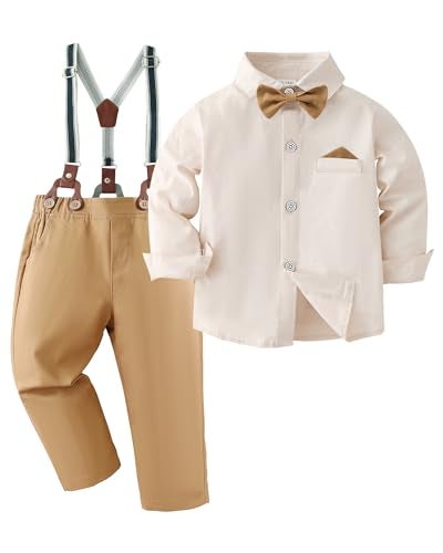 DISAUR Boys Formal Outfit Suits For Boys Beige Boy Dress Shirt With Bowtie/Suspender Pants for Wedding 6-7 Years - Image 1