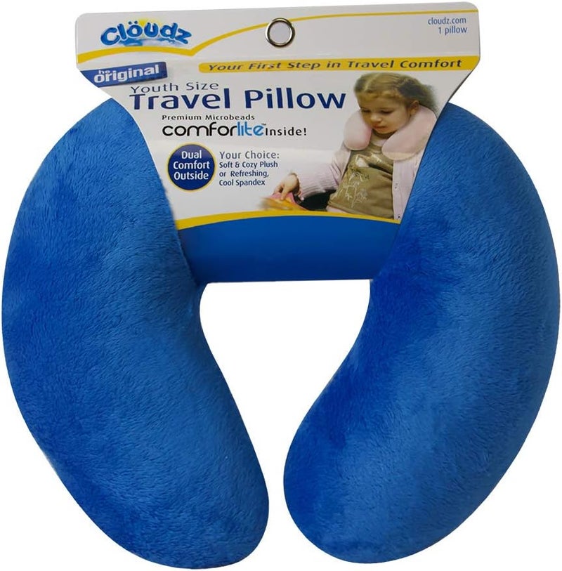 Cloudz Kids Dual Comfort Microbead Airplane Travel Neck Pillow. Super Soft Cozy Plush on One Side, Cool Relaxing Spandex on The Other! Keep Your Kids Comfy and Supported at Home or On The Go! - Blue - Image 1