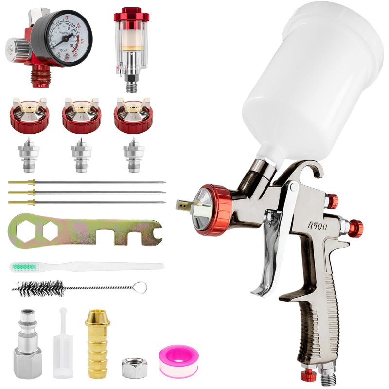 BENTOHKLE R500 LVLP Air Spray Gun Premium Kit with 1.3/1.5/1.7mm Nozzle & Air Regulator, Car Paint Gun Sprayer R500 Paint Guns Automotive for Cars, House Painting, Furniture DIY (Silver) - Image 1