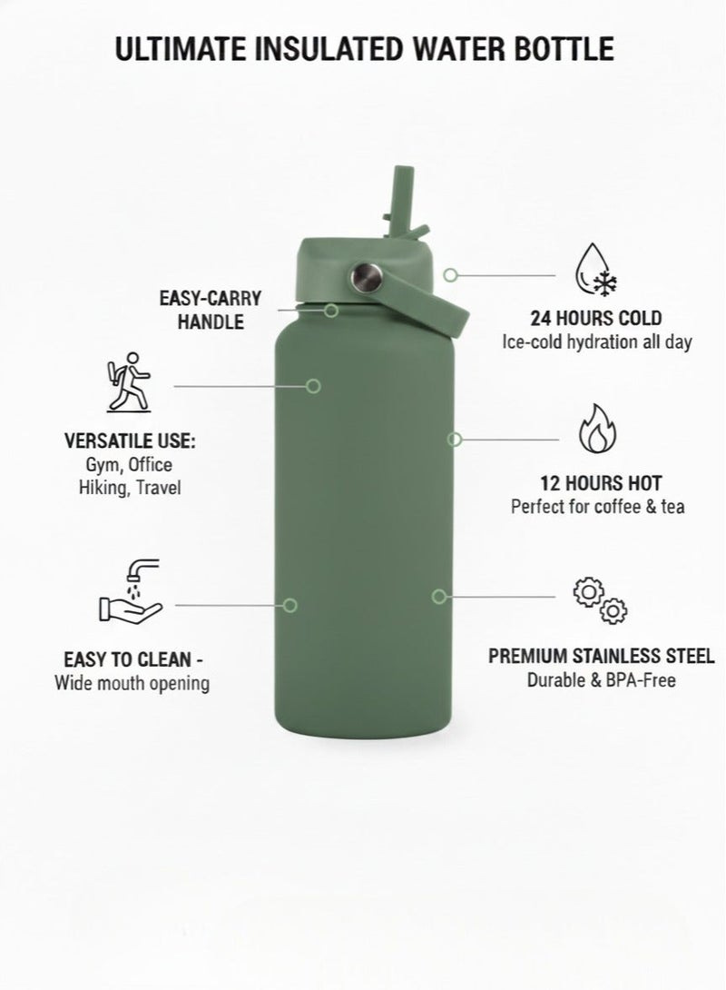 هامزون زجاجة مياه معزولة من الفولاذ المقاوم للصدأ مع غطاء من القش، ترمس مزدوج الجدار للمشروبات الساخنة والباردة، زجاجة رياضية واسعة الفم مضادة للتسرب وقابلة لإعادة الاستخدام 500 مل، خالية من BPA، مثالية للصالة الرياضية والمكتب والسفر والتخييم، لون أخضر طحلب - Image 2