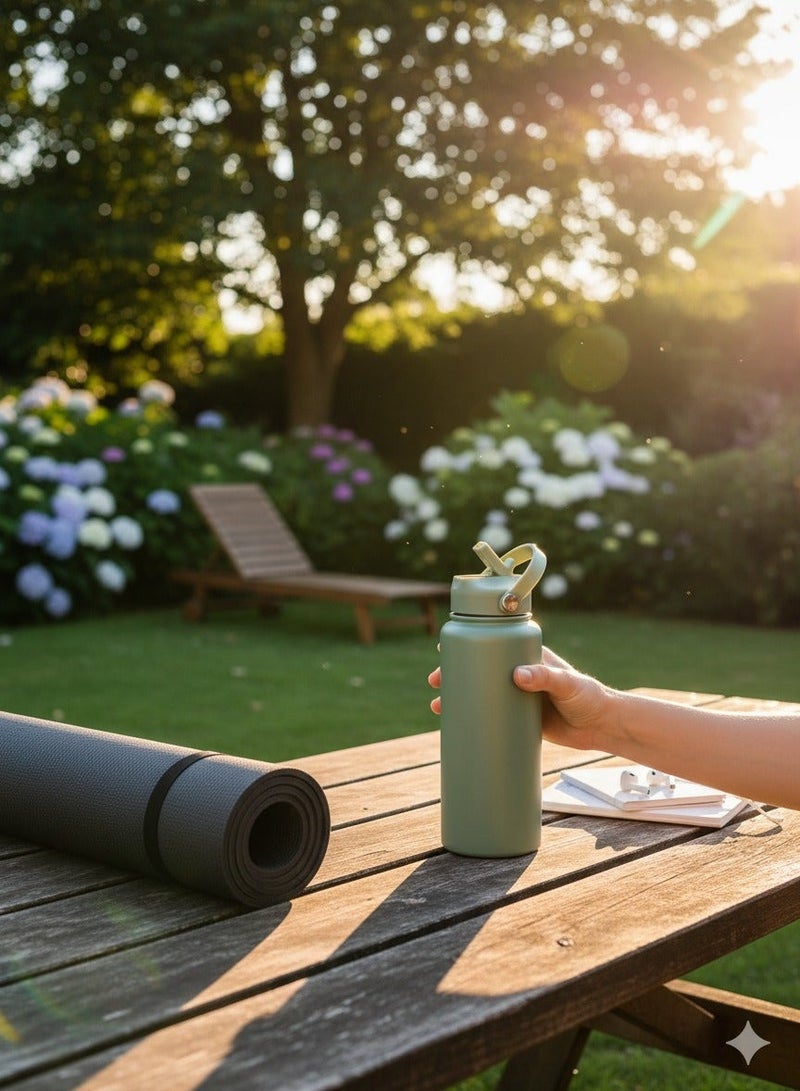 هامزون زجاجة مياه معزولة من الفولاذ المقاوم للصدأ مع غطاء من القش، ترمس مزدوج الجدار للمشروبات الساخنة والباردة، زجاجة رياضية واسعة الفم مضادة للتسرب وقابلة لإعادة الاستخدام 500 مل، خالية من BPA، مثالية للصالة الرياضية والمكتب والسفر والتخييم، لون أخضر طحلب - Image 3