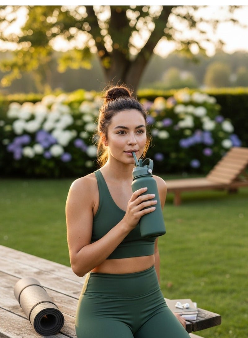 هامزون زجاجة مياه معزولة من الفولاذ المقاوم للصدأ مع غطاء من القش، ترمس مزدوج الجدار للمشروبات الساخنة والباردة، زجاجة رياضية واسعة الفم مضادة للتسرب وقابلة لإعادة الاستخدام 500 مل، خالية من BPA، مثالية للصالة الرياضية والمكتب والسفر والتخييم، لون أخضر طحلب - Image 4