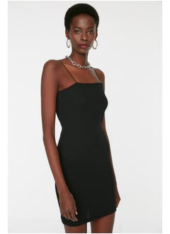 Black Square Neck Spaghetti Strap Ribbed Flexible Fitted Mini Knitted Dress TWOSS21EL2327