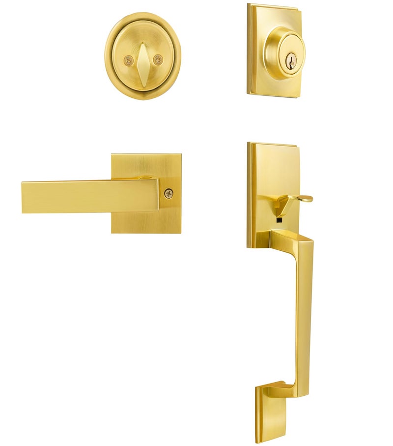 Azdele Front Door Handle and Deadbolt Set Front Door Lock Set Exterior Door Lock Set Front Door Handle with Single Cylinder Deadbolt for Exterior Door Reversible for RightLeftGold Modern