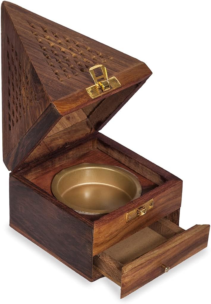 QUESERA 's Wooden Bakhoor Burner/Mabkhara/pyramid shape incense burner/home fragramce/home decor/incense holder/lobandaan/bhakhoor burner (brown, 10 x 10 x 18 cm) - Image 2