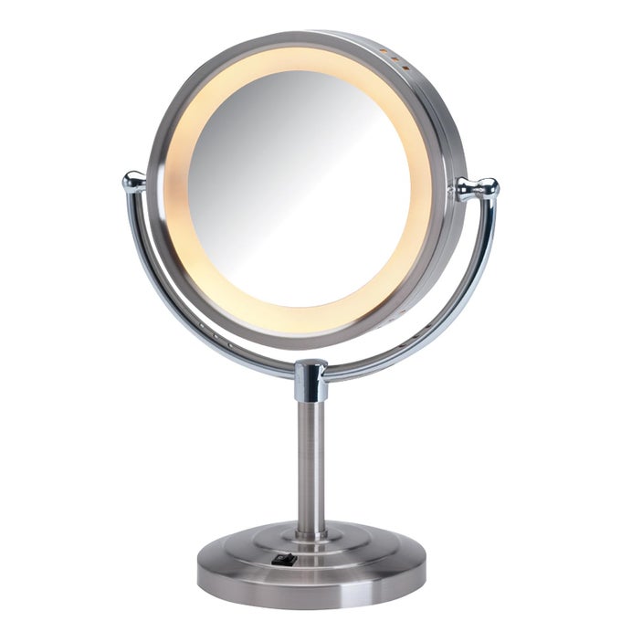 LIGHTED TABLETOP MAKEUP MIRROR LED LIGHTED VANITY MIRROR WITH 1X AND 5X MAGNIFICATION IN NICKEL FINISH MODEL HL745NC