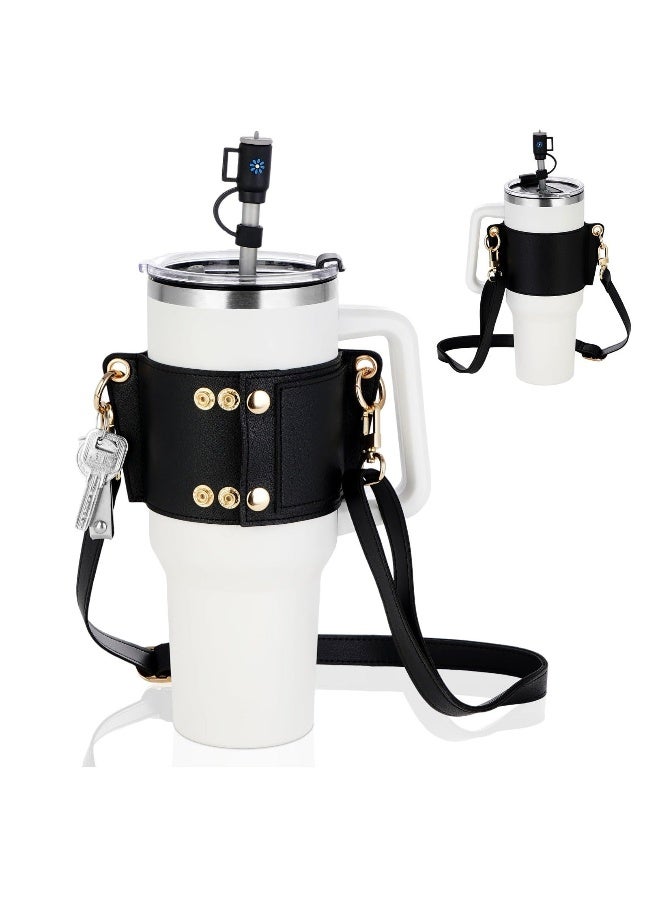 Generic Water Bottle Holder for Stanley Tumbler, Leather Carrier Strap Compatible with Stanley 40 oz 30 oz Cup with Handle, Adjustable Strap, Credit Card Holder, Keyring, Straw Cover, Black - Image 1