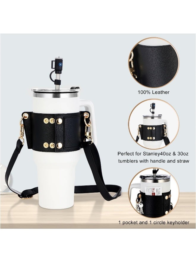 Generic Water Bottle Holder for Stanley Tumbler, Leather Carrier Strap Compatible with Stanley 40 oz 30 oz Cup with Handle, Adjustable Strap, Credit Card Holder, Keyring, Straw Cover, Black - Image 2