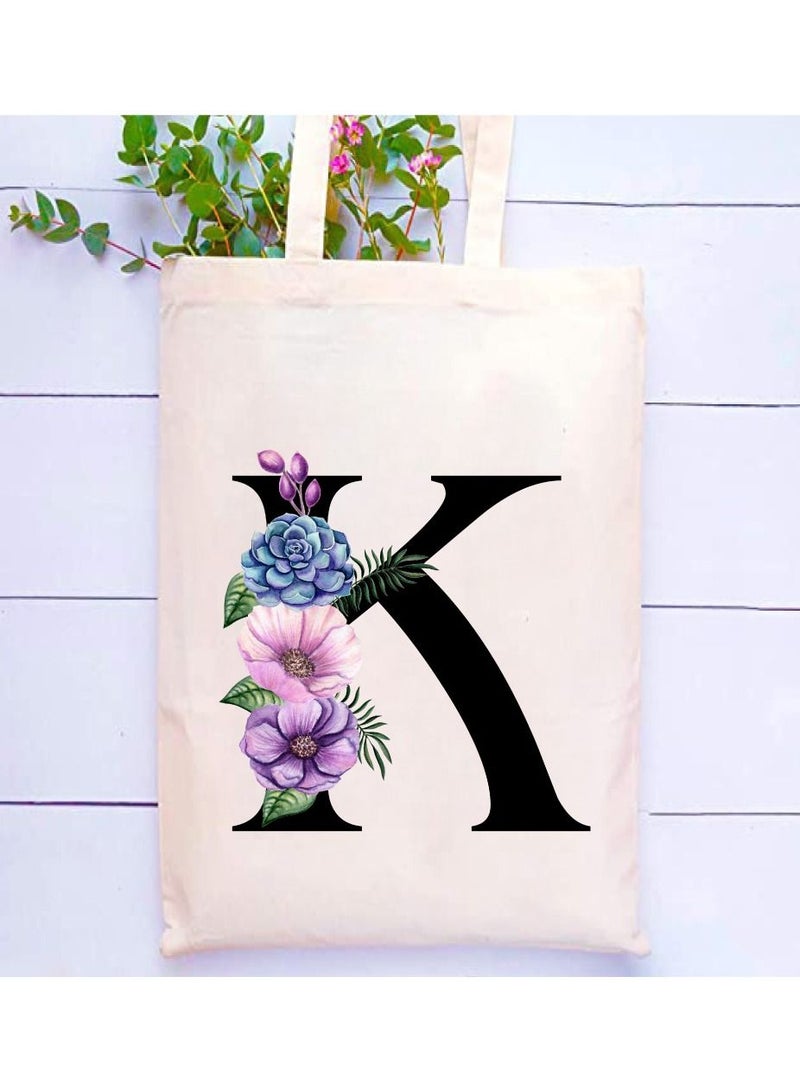 PRINTSHOP4ME Eco-Friendly Canvas Cotton Tote Bag with Floral Design on Initial Letters Printed Bridesmaids Bags for Women- Reusable Shopping Bag, Party Gift Idea and Cotton Gift Bag  - Image 2