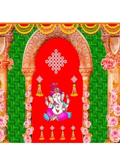 SATVIK STORE SATVIK 8x5ft Fabric Backdrop for Indian Pooja Dcor Ganpati Photo Traditional Puja Cloth Backdrop Mehndi Diwali Festival Marigold Flower Garland Tulle Curtain Wedding Bridal Baby Shower Wall Banner 