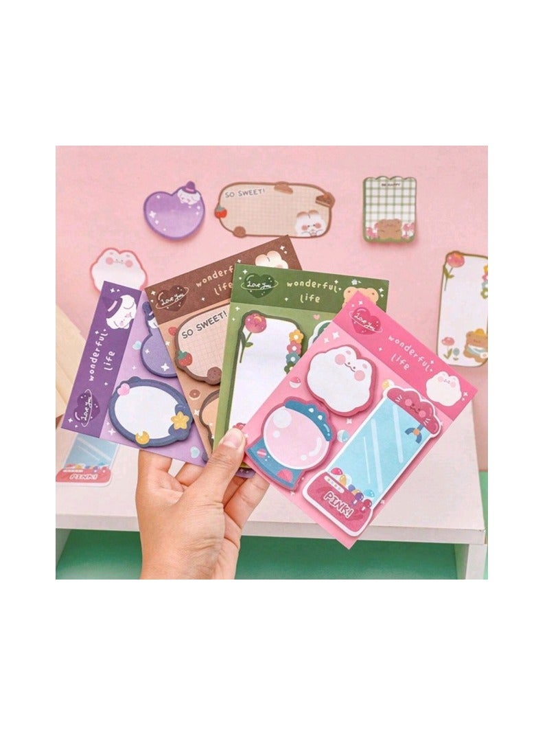 Creative Cartoon Combination Notebook, Cute Message Notebook, Study Supplies, Sticky Notes, Study Supplies, Stationery, (4pcs Different Colors Pink, Brown, Green, Purple) - Image 1