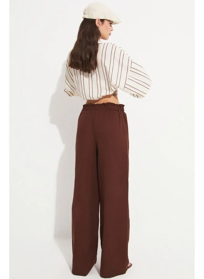 JUNE June Women Elastic Waist 100% Cotton Trouser Brown