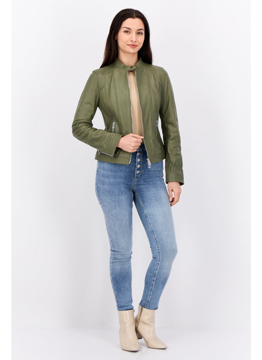 HUGO by Hugo Boss Women Textured Motorcycle Jackets, Olive  - Image 4