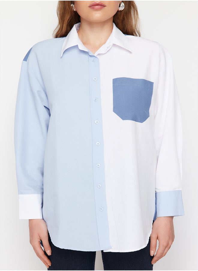 trendyol - Blue Color Block Oversize Wide Fit Woven Shirt TWOSS24GO00136 - Image 1