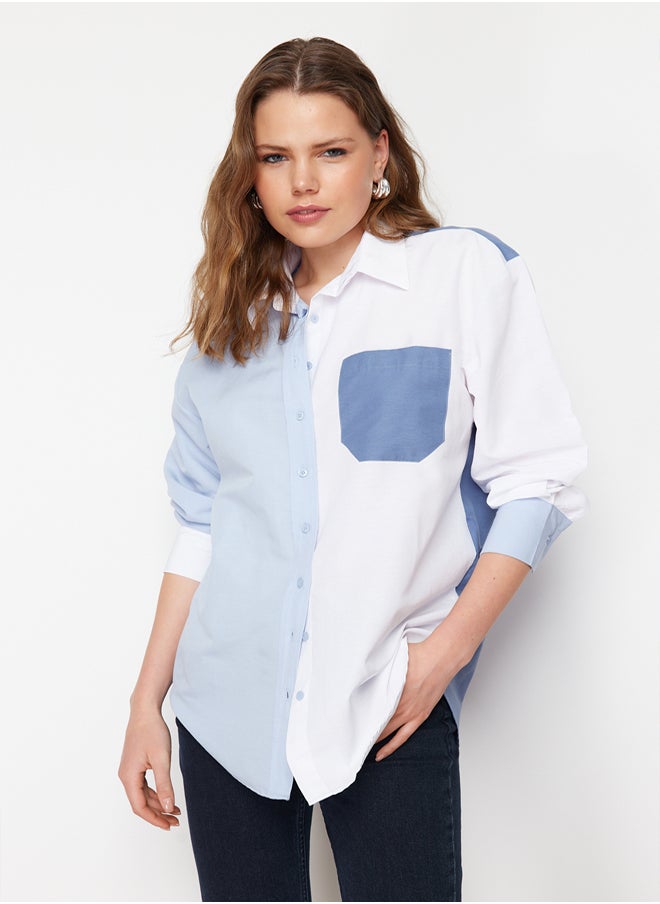 trendyol - Blue Color Block Oversize Wide Fit Woven Shirt TWOSS24GO00136 - Image 1