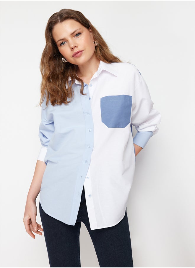 trendyol - Blue Color Block Oversize Wide Fit Woven Shirt TWOSS24GO00136 - Image 1