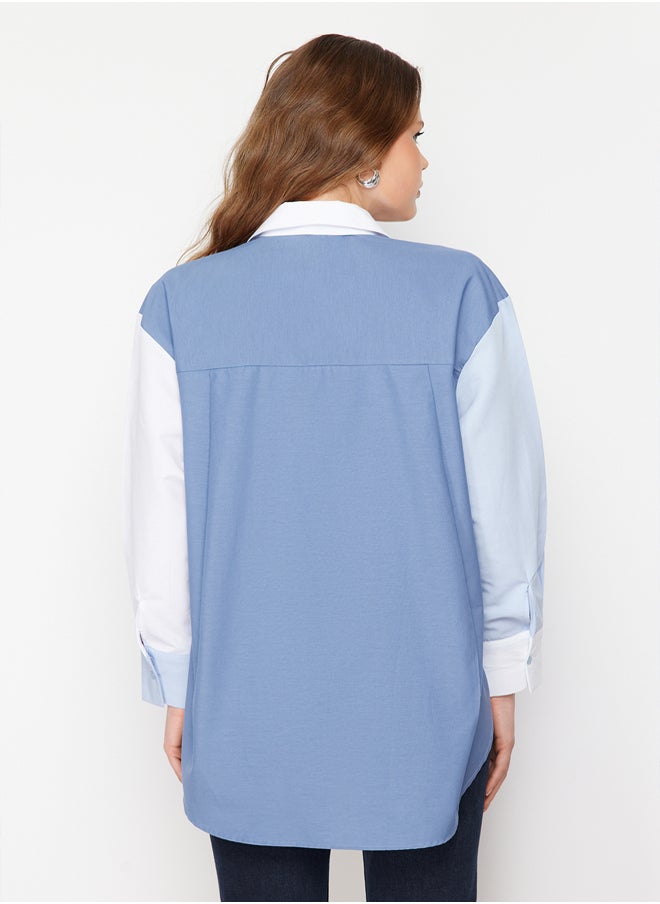 trendyol - Blue Color Block Oversize Wide Fit Woven Shirt TWOSS24GO00136 - Image 1