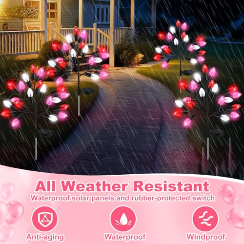 Glooglitter 4 Pcs Valentine's Day Outdoor Decoration Solar Pathway Lights 28" Pink Stake Light Waterproof 8 Modes 80 Heart Shape LEDs for Yard Walkway Path Garden Patio Valentine Decor - Image 4