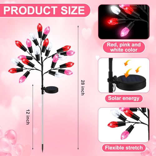 Glooglitter 4 Pcs Valentine's Day Outdoor Decoration Solar Pathway Lights 28" Pink Stake Light Waterproof 8 Modes 80 Heart Shape LEDs for Yard Walkway Path Garden Patio Valentine Decor - Image 2