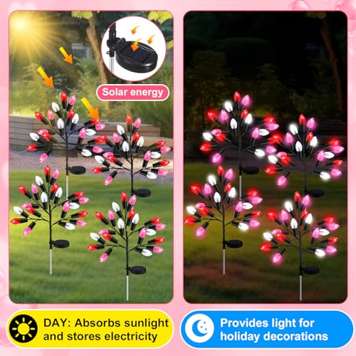 Glooglitter 4 Pcs Valentine's Day Outdoor Decoration Solar Pathway Lights 28" Pink Stake Light Waterproof 8 Modes 80 Heart Shape LEDs for Yard Walkway Path Garden Patio Valentine Decor - Image 3