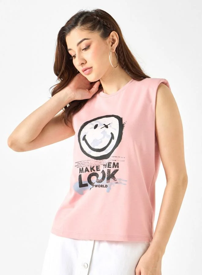 Graphic Print Sleeveless T-shirt with Crew Neck