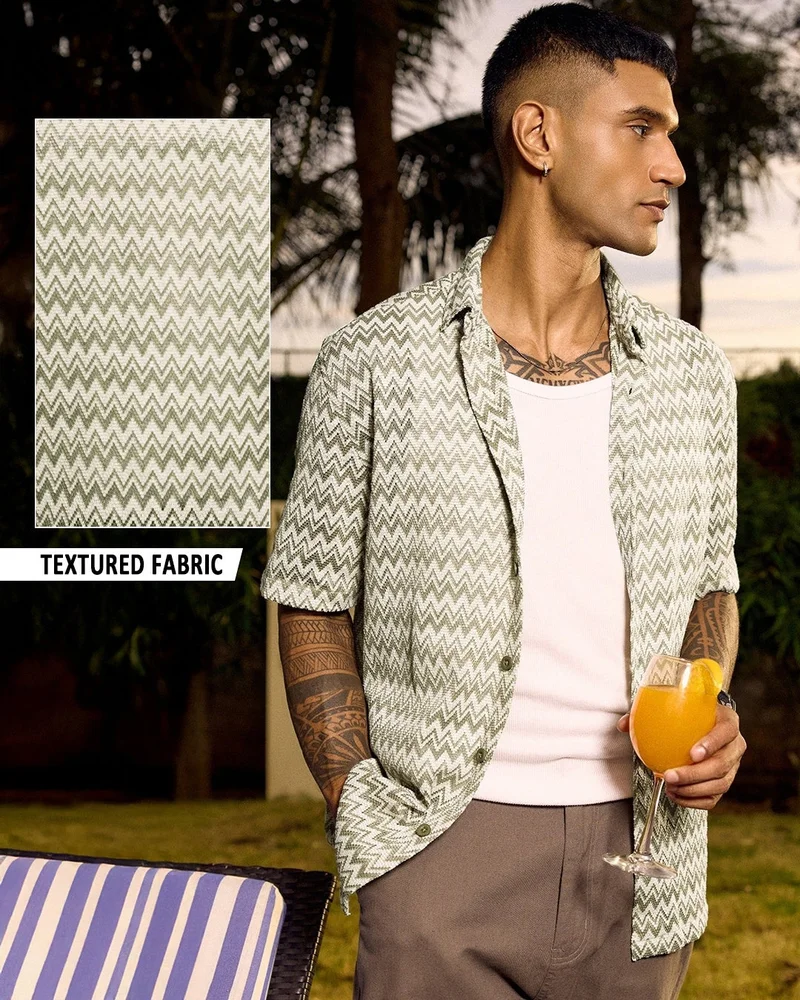 بيواكوف قميص كروشيه رجالي أخضر وأبيض كبير الحجم بنقش بارز