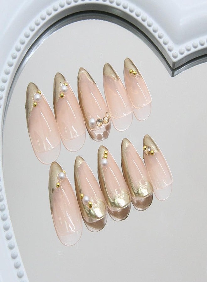 WAFOLOZE Nail Press ons, Almond Press on Nails Medium Fake Nails with 3D Gold Foil French Stamping Designs, Pearls Glue On Acrylic Nail Artificial False Stick On Nails for Women 24Pcs - Image 3