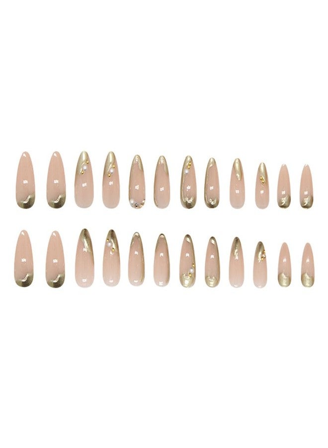 WAFOLOZE Nail Press ons, Almond Press on Nails Medium Fake Nails with 3D Gold Foil French Stamping Designs, Pearls Glue On Acrylic Nail Artificial False Stick On Nails for Women 24Pcs - Image 5