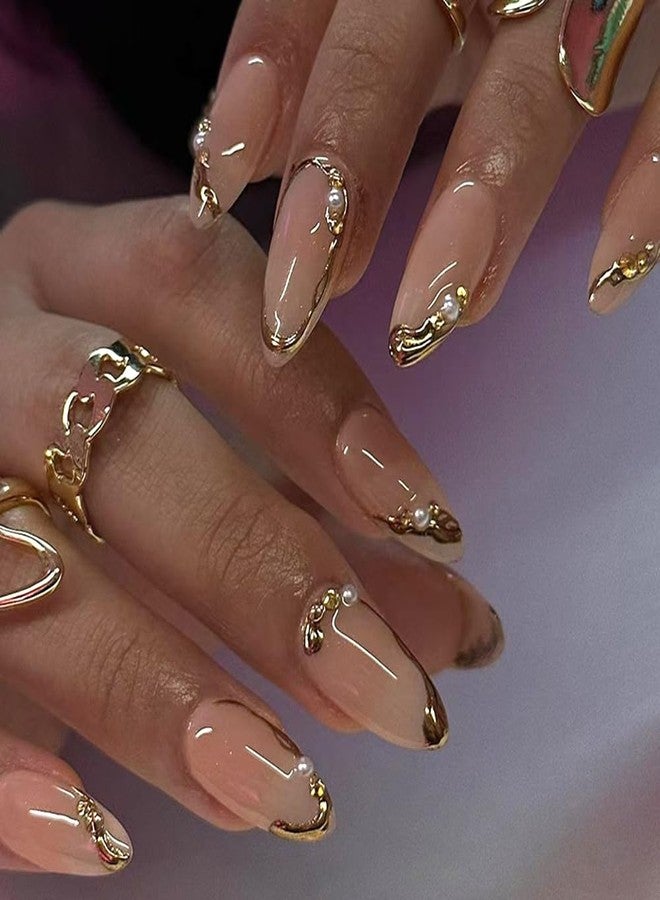 WAFOLOZE Nail Press ons, Almond Press on Nails Medium Fake Nails with 3D Gold Foil French Stamping Designs, Pearls Glue On Acrylic Nail Artificial False Stick On Nails for Women 24Pcs - Image 1