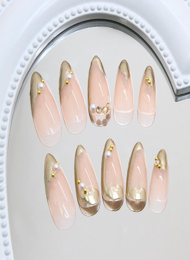 WAFOLOZE Nail Press ons, Almond Press on Nails Medium Fake Nails with 3D Gold Foil French Stamping Designs, Pearls Glue On Acrylic Nail Artificial False Stick On Nails for Women 24Pcs - Image 4