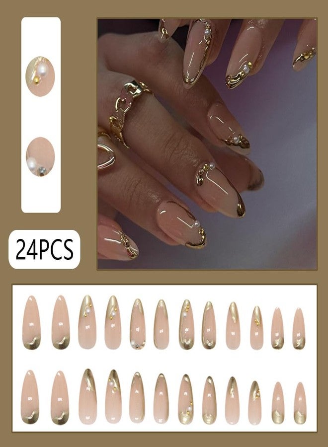 WAFOLOZE Nail Press ons, Almond Press on Nails Medium Fake Nails with 3D Gold Foil French Stamping Designs, Pearls Glue On Acrylic Nail Artificial False Stick On Nails for Women 24Pcs - Image 2