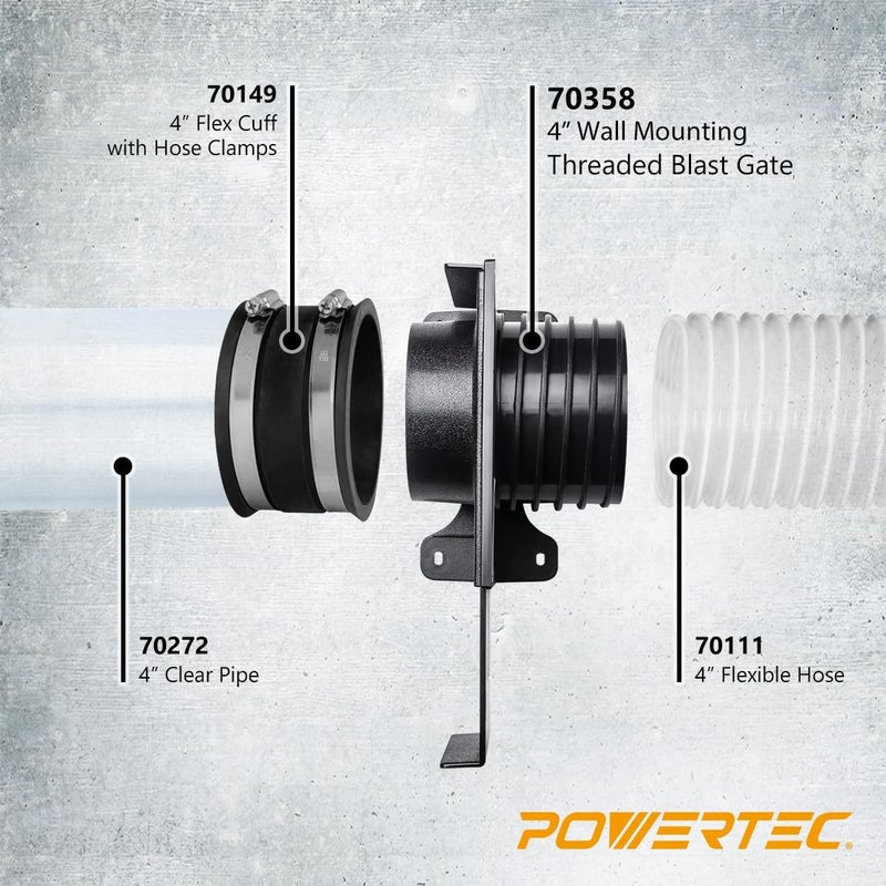 POWERTEC 70358V 4 Inch Wall Mounting Blast Gate with Bracket, Threaded Dust Collection Fitting - 1 Pack - Image 3