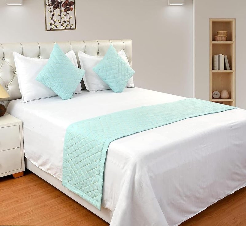 BEDSHED 200 TC Quilted Velvet Double Bed Runner Scarf with 2 Matching Cushion Covers/Slipcovers| Luxurious Decorative Bed Linen Set| Perfect for Bedroom, Hotel or Guest Rooms Bedding (Sea Green) - Image 1