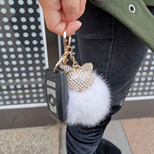 HOYUNLA Rabbit Fur Ball Pom Pom Keychain with Fox Head Studded with Synthetic Pearl Rhinestone for Womens Bag Car Key Chain Charm Pendant Decoration (white) - Image 4