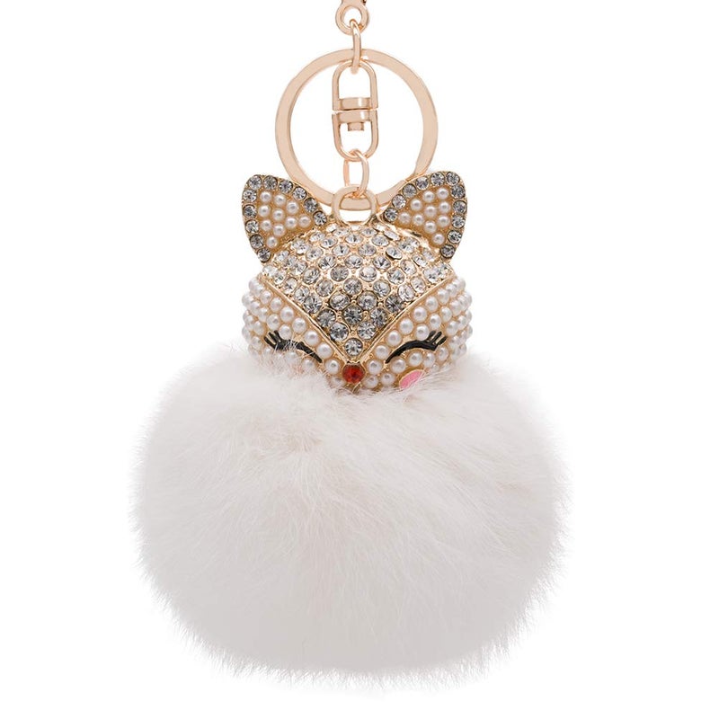 HOYUNLA Rabbit Fur Ball Pom Pom Keychain with Fox Head Studded with Synthetic Pearl Rhinestone for Womens Bag Car Key Chain Charm Pendant Decoration (white) - Image 5