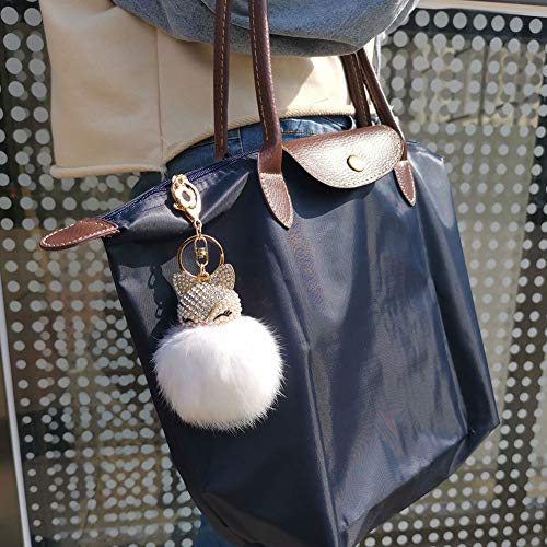 HOYUNLA Rabbit Fur Ball Pom Pom Keychain with Fox Head Studded with Synthetic Pearl Rhinestone for Womens Bag Car Key Chain Charm Pendant Decoration (white) - Image 3