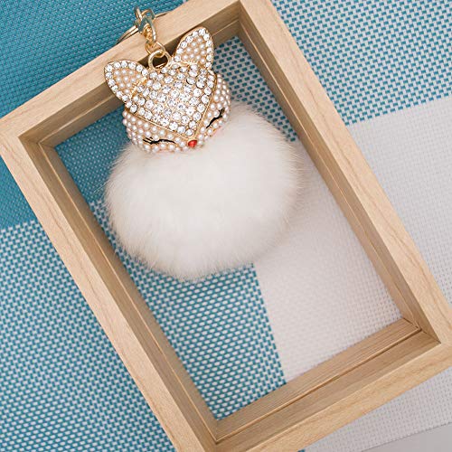 HOYUNLA Rabbit Fur Ball Pom Pom Keychain with Fox Head Studded with Synthetic Pearl Rhinestone for Womens Bag Car Key Chain Charm Pendant Decoration (white) - Image 2